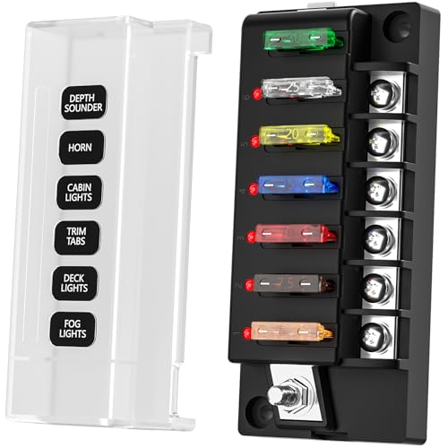 Siapupy 12V/24V 6-Circuit Waterproof Marine Fuse Box with LED Indicator, ATO Blade Fuse Block for Automotive, Marine, Truck, Car, Boat, RV