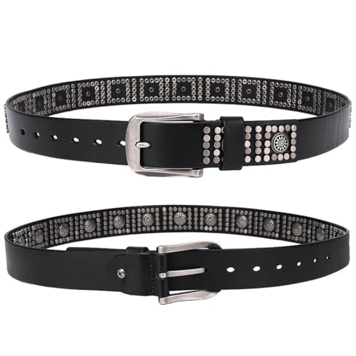 Studded Belt for Men Women Leather Strap with Shiny Silver Flower Shape Circle and Metal Studs Punk Rock Round Rivets4