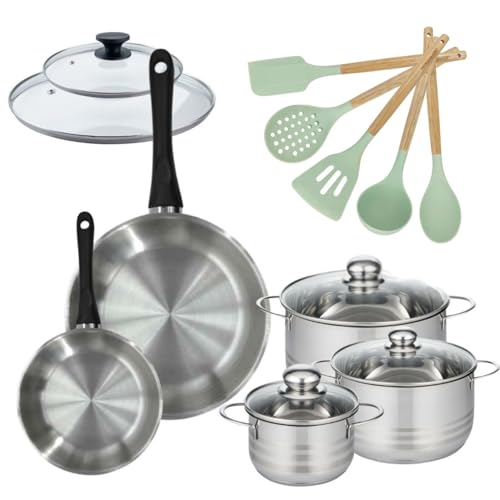 Batterie de cuisine avec 3 faitouts 162024 cm et 2 poêles 2028 cm avec 7 ustensiles de cuisine Fackelmann Généva Ocean avec couvercles - vue 1