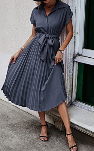 Image of ECOWISH Womens Casual Midi Dresses Solid V Neck Short Sleeve Button Shirt Belted Dress with Pockets for Spring Summer 2026