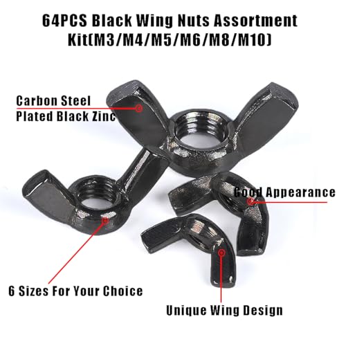 64 Stück M10/M8/M6/M5/M4/M3 Flügelmutter Sortiment Kit, Butterfly Wing Screw Nuts, Thumb Hand Screw Parts(Schwarz)