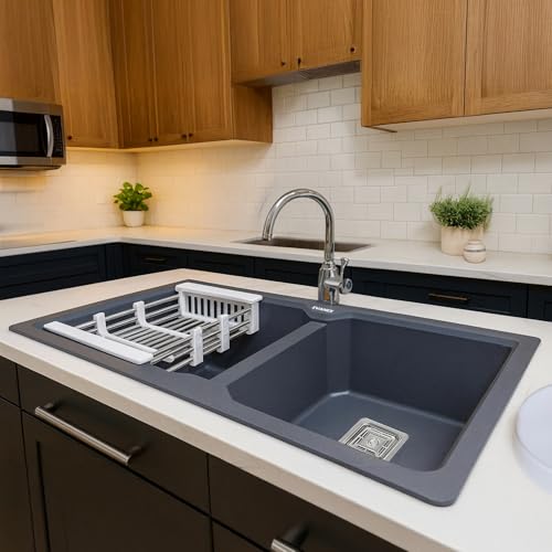 Image of EVANEX Quartz Kitchen Sink|Double Bowl Sink for Kitchen|Topmount /Undermount Kitchen Sinks|Grey Double Sink with Connector, Waste Pipe, Coupling and Drain Basket|45x20x9 Granite Kitchen Sinks