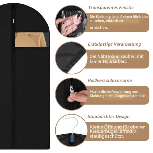 4 Stück Kleidersack,120 x 60 cm Schwarz Kleidersäcke mit Reißverschluss,Shirt Anzug Kleid Kleidung Tasche,Staubschutz für die Lagerung von Kleidung
