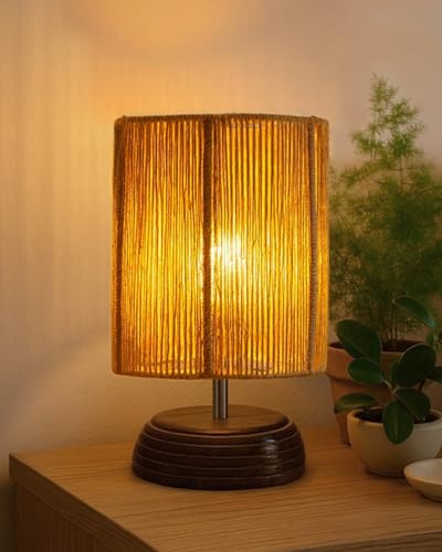 Image of Homesake Natural Weave Rope Table Lamp | Handcrafted Boho Bedside Light with Wooden Base | Warm Ambient Home Decor, Livra Collection, Lighting & Office Decor Light