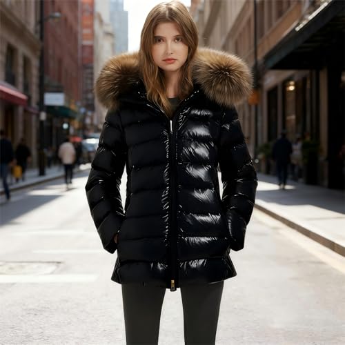 Winterjacke Damen Warm Daunenjacke Leichte Kapuzenjacke mit Abnehmbarer Kunstfell-Kragen Jacke Damen Winter Winddicht Steppjacke Glänzend Wintermantel Schwarz Daunenjacken Parka Outdoorjacke