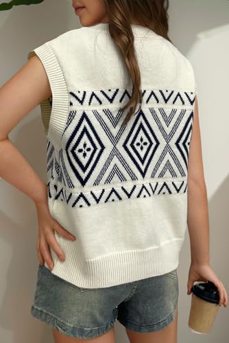 Image of Velius Women Crochet Sleeveless V Neck Patterned Button Down Sweater Vest Knit Top