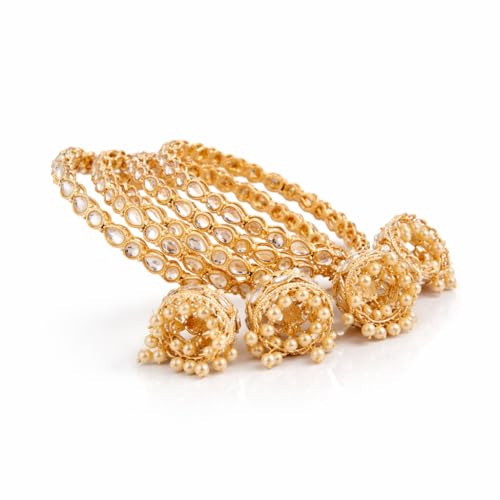 Image of Gold Plated Kundan Bangle Set for Women | Teardrop Stone Bangles with Pearl Beaded Latkan Charm Ethnic Wedding Jewellery | Bangle Set of 4 for Women & Girls