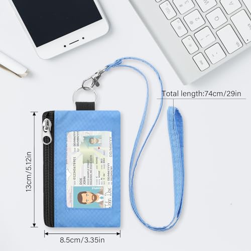 Minimalist RFID Blocking Wallet with Lanyard, Functional ID Case with 2 Zipper Pockets and Key Chain for Men and Women, Tactical Badge Pouch Cards Holder, Coin Purse for Travel Sports-LightBlue2