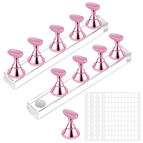 BUTBU Nail Display Stand 2PCS Acrylic Nail Practice Stands nail Stand for Press On Nails with Reusable Adhesive Putty Magnetic Nails Tips Holder for DIY Painting nails (Rose Gold)