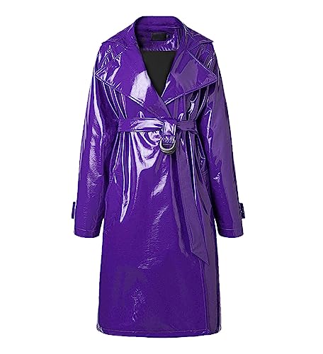 Trench-coat en cuir verni violet brillant à ceinture pour femme FULBHPRINT