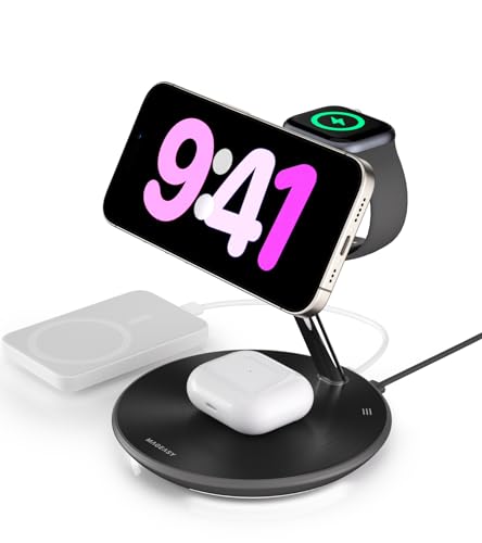MAGEASY 4 in 1 Charging Station - Ultimate 55W Max Output, Bedsude Charging Station, Up to 15W Fast Charging Stand for iPhone, Apple Watch, AirPods, with Ambient Light | Power Station (Black)