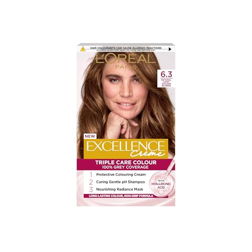 L'Oréal Paris Excellence Crème Permanent Hair Dye, Radiant At-Home Hair Colour with up to 100% Grey Coverage, Pro-Keratin, Up to 8 Weeks of Colour, Colour: 6.3 Natural Light Golden Blonde