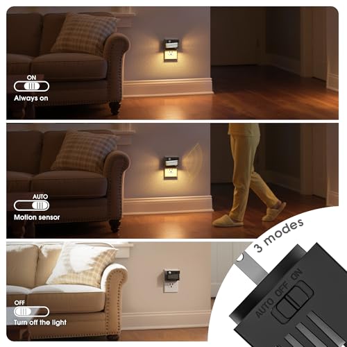 Image of JandCase Motion Sensor Night Light, [2 Pack] Night Lights Plug into Wall, Dusk to Dawn & Motion Sensor, 3 Level Brightness Dimmable Plug in Night Light, 3000K Nightlight for Bedroom Bathroom Hallway