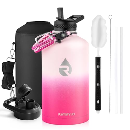 Image of RAYMYLO One Gallon Water Bottle Insulated, Triple Walled Vacuum Stainless Steel (Cold for 48 Hrs), Leak Proof & Non-BPA, Large Water Flask Jug with Paracord Handle & Straw Spout Lids