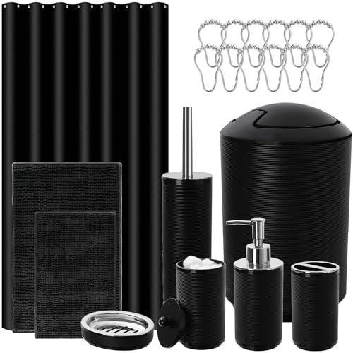 RYTOXILO Black Bathroom Accessories Sets with Shower Curtain and Rugs 21 Pcs Bath Accessory Set Complete with Trash Can Plastic Ribbed Soap Dispenser and Toothbrush Holder Set Toilet Brush Holder