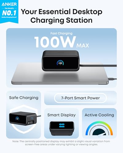 Image of Anker Nano Charging Station, 100W 7-in-1 Power Strip, 2.3ft InstaCord Retractable Cable, Gaming Desk Accessories for Multiple Devices, 3 AC, 3 USB C, 1 USB A, MacBook Charger, Home Office(Non-Battery)