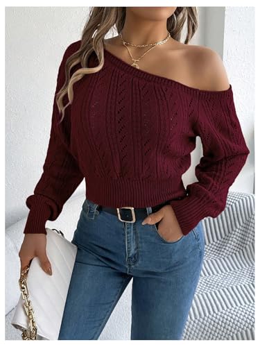 SOLY HUX Sweaters for Women Off The Shoulder Long Sleeve Hollow Out Knit Pullover Sweater Tops3