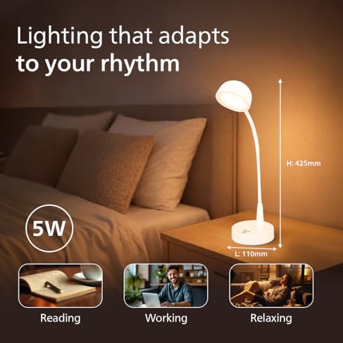 Image of Philips 5W Lumos White LED Desk Light | 3-in-1 Study Lamp with Adjustable Brightness | EyeComfort Technology | Energy Efficient LED | Modern Table Lamp for Study & Work | Pack of 1