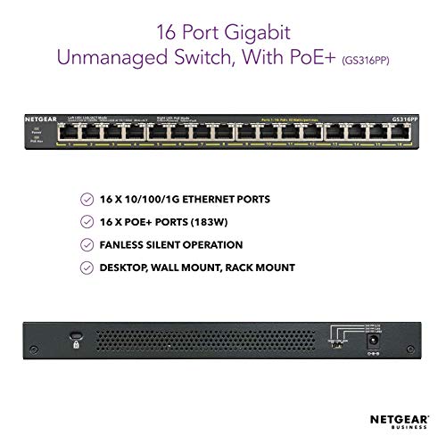 Image of NETGEAR 16-Port Gigabit Ethernet Unmanaged PoE+ Switch (GS316PP) - with 16 x PoE+ @ 183W, Desktop /Rackmount /Wallmount, Sturdy Metal (GS316PP-100) (Renewed)