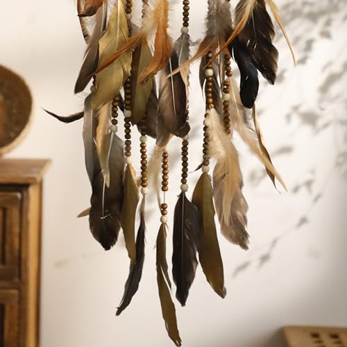 Dream Catcher Native American Boho Dreamcatcher Rattan Wall Decor, Handmade Natural Goose Feathers Brown Golden Beaded Hanging Ornament Indian Decor for Bedroom Living Room (Dark Brown) - Image 6