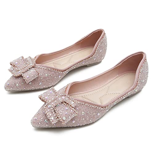Dear Time Women's Fashion Sparkly Bowknot Ballet Flats Rhinestone Pointed Toe Glitter Pearls Sequins Party Wedding Dress Flat Shoes