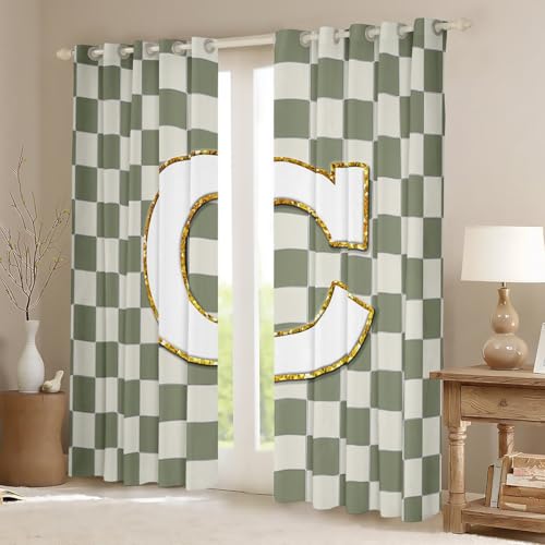 Image of Erosebridal Sage Green Checkered Window Drapes Plaid Initial C Blackout Curtains 52 inch Wx63 L Personalized Monogram Curtains for Bedroom Living Room,Grids Gingham Window Treatments 2 Panels