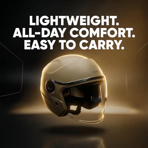 Image of Xtrac Ace ISI Certified Open Face Helmet for Men & Women | Half Face Bike Helmet with Scratch-Resistant Clear Visor | Lightweight ABS Shell | Quick Release Buckle | Desert Storm - M