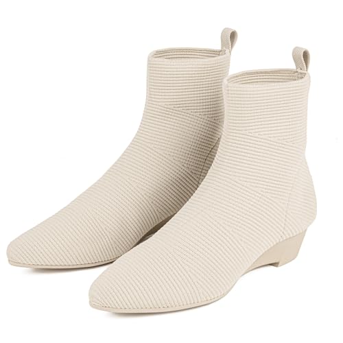 youngshow Women's Beige Wedge Ankle Boots, Knit Sock Booties for