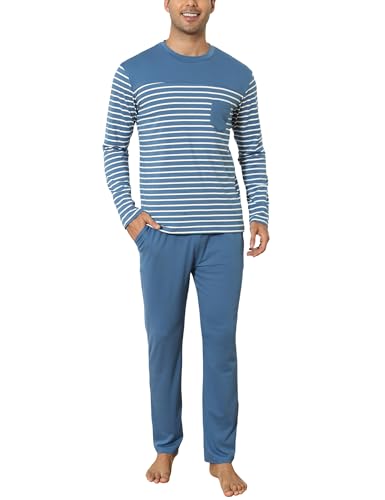 Aseniza Pyjama Homme Hiver Ensembles de Pyjama Coton à Chauds Manches Longues Col Rond Rayé Vêtements De Nuit Tenues de Nuit Vêtements de Détente Doux Loungewear Confortable Bleu Ciel L