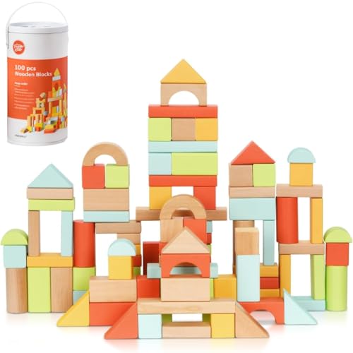 Pidoko Kids 100pcs Building Blocks for Toddlers 1-3 Wooden Blocks for Kids with Storage Bucket and Shape Sorter Lid Montessori Toys for 1 2 3 Year Old Learning Toys for Preschool Girls and Boys