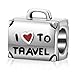 Produktbild Charm-Anhänger in Form eines Koffers mit der Aufschrift I love to travel, aus 100% echtem 925er Sterlingsilber, das Herz auf dem Koffer ist rot, passend für europäische Charm-Armbänder