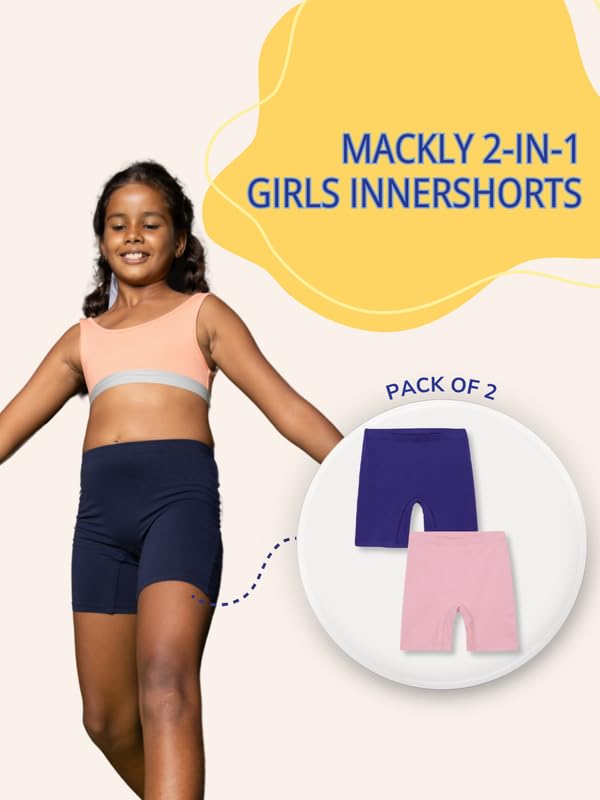 Image of mackly Girls Inner Shorts (Pack of 2) | 2-in-1 Seamless Panty Shorts with Gusset | Soft Breathable Base Layer for Dresses, Skirts