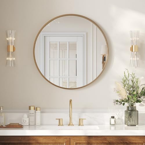 Image of USHOWER 30 Inch Gold Round Bathroom Mirror for Over Sink | Circle Mirror with Metal Frame, Wall Mirror for Vanity, Entryway, Living Room, Hallway and Bedroom Decor
