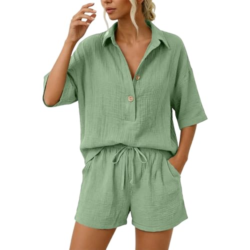 Genérico Conjuntos Mujer Verano Casual Dos Piezas Pantalon Cortos y Blusa Elegante Conjunto Lino Chándal Camisa Manga Corta Conjunto de Verano Ropa de Playa Chandal con Bolsillos