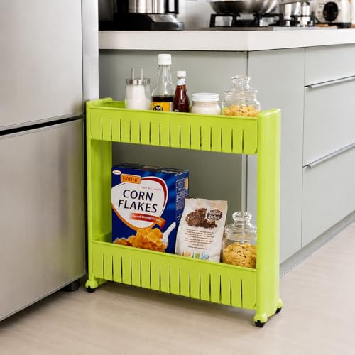 Image of JD FRESH 2-Tier Slim Rolling Storage Organizer Rack /Fridge Side Storage Rack /Plastic Trolley Storage Stand with Wheels /Floor Standing Cabinet for Bathroom and Kitchen Corner Area (Green)