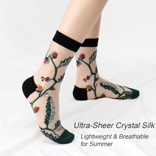 Image of DXYAKY Women's Sheer Floral Embroidered Socks - Vintage Transparent Thin Mesh Crew Socks, Cute & Fashion Lace Aesthetic Ankle