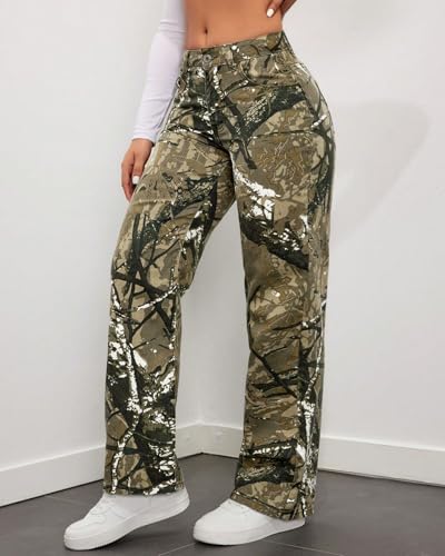 Women Camouflage Cargo Pants Low Waist Baggy Straight Wide Leg Trousers Jeans Slim Fit Pocket Sweatpants4