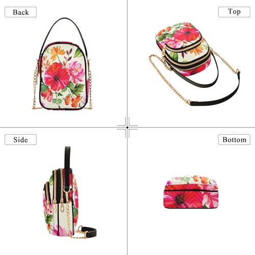Shoulder Handbag Women Floral Pink Red Flowers Quilted Phone Handbag Small Chain Purse Cute Zipper Bowler Tote Ladies Satchel, 5.9" × 8.3" × 3.1"4