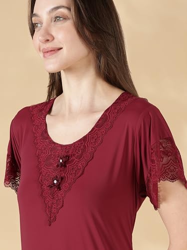Image of 9shines Label Stylish Soft Modal Maxi Nighty | Honeymoon Nighty | Full Length Trendy Nightgown | V-Neck Lace | Premium Nightdress | Soft Long Nightdress | Maxi Gown Nightwear for Women (Malai Satin)