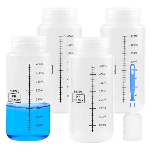 MISIQIMA 4 Pièces 500 ml Flacons Laboratoires Plastiques, PP Bouteilles en Plastique à Col Large Gradué, Flacons à Col Large avec Brosse de Nettoyage pour...