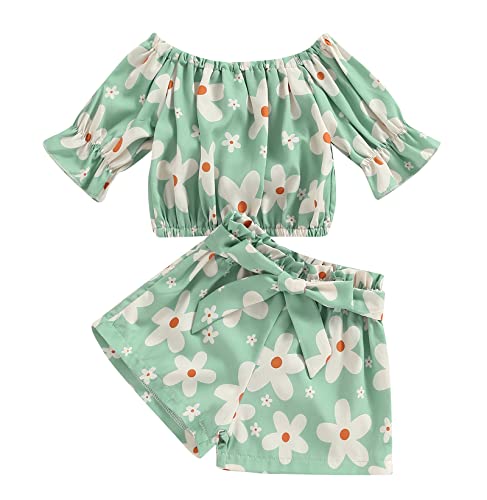 Little Girl Floral Clothes Short Sleeve Button-Down Dress Shirt +Flower Elastic Shorts Pant Summer 2PCS Outfits Set (Flower-Green, 12-18 Months)