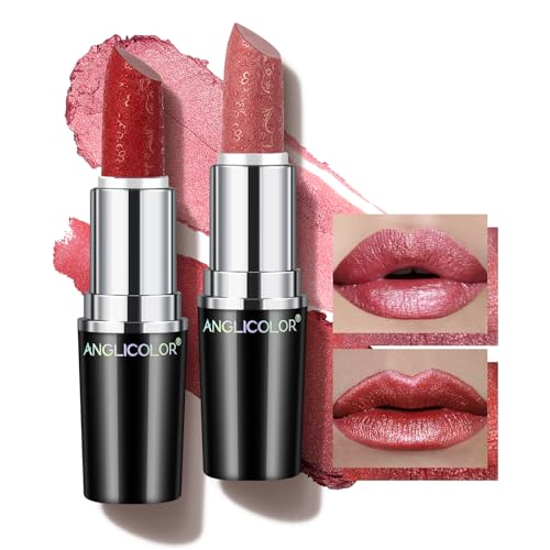 Anglicolor Metallic Glitter Red Lipstick,High Impact Shimmer Lipcolor,Long-Lasting Moisturising,Lightweight Hydrating Creamy Formula Smooth and Non-Sticky,Lipstick For Women (#01+#12, 8g)