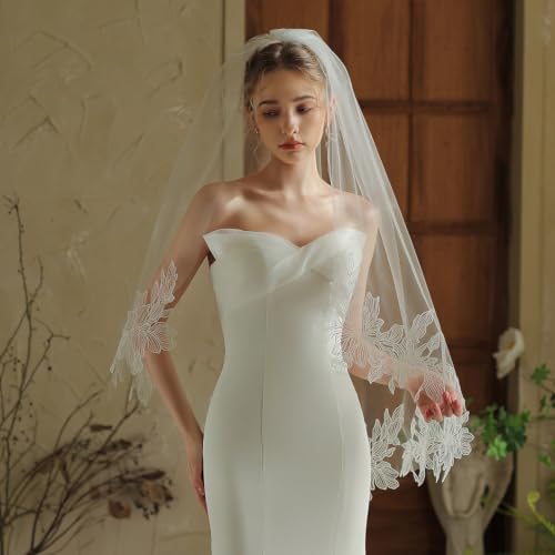 Voile de mariée mi-long en dentelle blanc cassé 100x150 cm