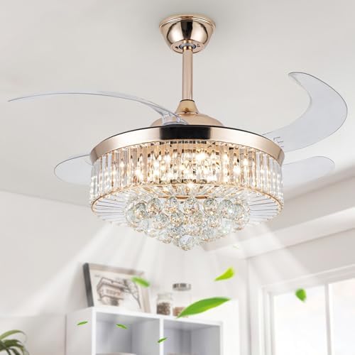 42" Crystal Ceiling Fan with Light, Gold Chandelier Fan with Remo...