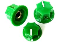 A Set of three plastic control knobs for jazz bass style guitars. These knobs have a brass insert which has a 6.4mm diameter shaft hole and a grub screw Screw means these will fit most types of shaft