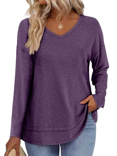 Women's Long Sleeve T-Shirts Solid Color Loose Fit Cute Basic Flowy Tops Spring Fall Casual Blouse2