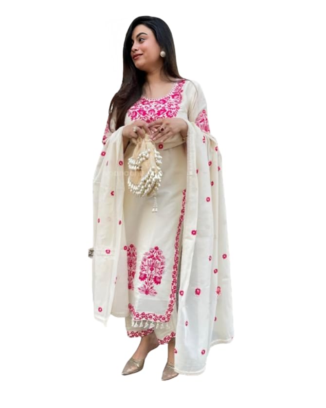 shishkala Women’s Cream White & Pink Embroidered Cotton Kurta Set with Dupatta | Festive Ethnic Wear | Straight Kurti Pant Set for Women | Daily & Occasion Wear-picture-42