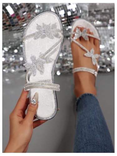Image of OYOANGLE Women's Silver Rhinestone Sandals Sparkly Dressy Flat Sandals