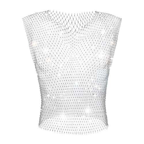 Camiseta de malla para rave de hombre sexy con diamantes