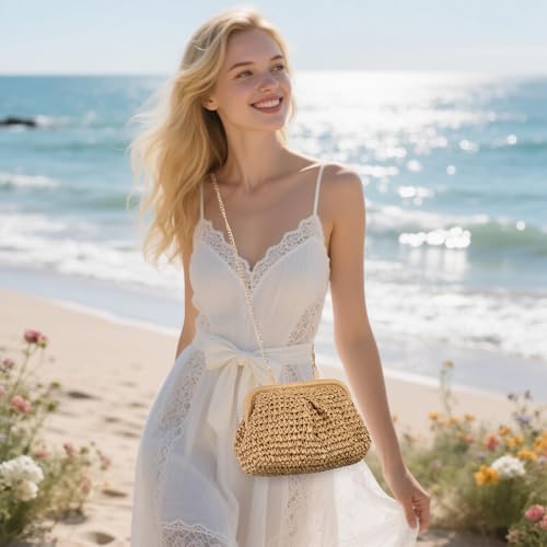 Image of RNIEGA Straw Clutch Purses for Women Cloud Dumpling Pouch Straw crossbody Handbag Summer Beach Woven Shoulder Bags